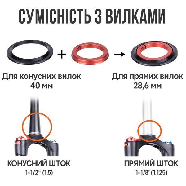 Напівінтегрована рульова колонка на промислових підшипниках ZTTO | ZS44-28.6 / ZS55-40(30) | 1-1/8" - 1-1/2" (або 1-1/8") | Чорний ZTT-HD-6245 фото