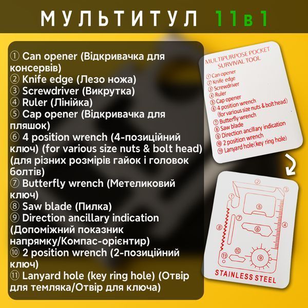 Ультратонкий мультитул 11 в 1 из нержавеющей стали для кемпинга и туризма Armour Tactical MT11 Серебряный AT-MT11-1988 фото