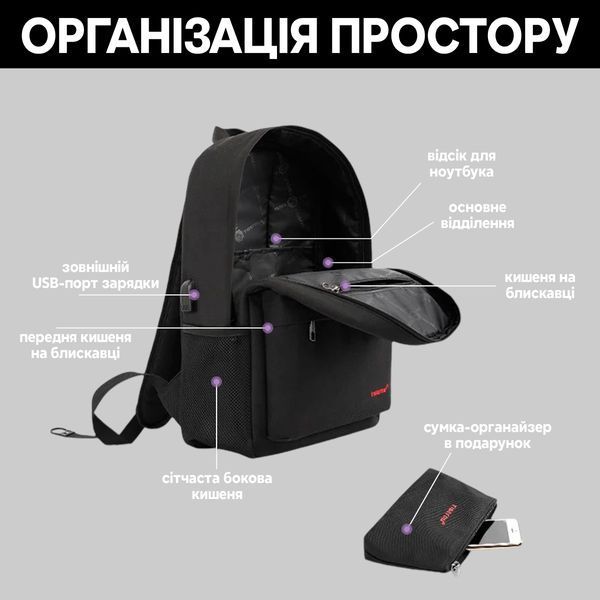 Рюкзак городской Tigernu T-B3249 с USB для ноутбука 14" объем 15 л Черный (TGN-T-B3249-1876) TGN-T-B3249-1876 фото